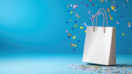 White paper bag with confetti against blue background