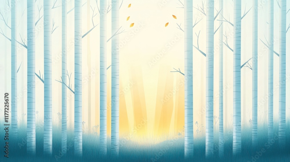 Poster serene forest scene with birch trees and gentle light filtering through leaves, evoking a sense of c