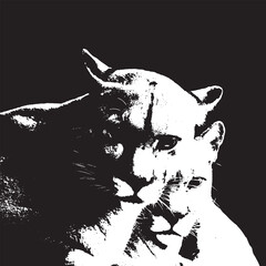 Two panther heads resting together, emphasizing their striking features against a black background, high-contrast black and white illustration 