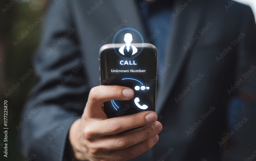 Poster a person experiencing an incoming call from an unknown number on their smartphone, illustrating conc