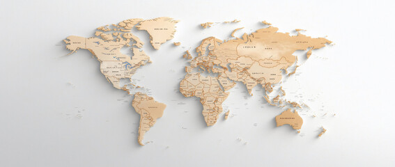 3D world map, wooden texture, continents, countries.