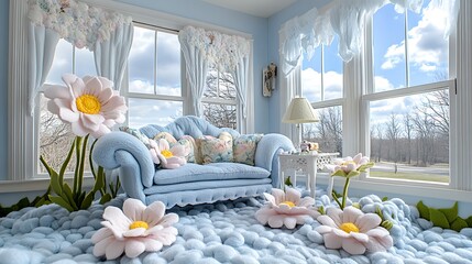 Serene Blue Room with Flowers and Cozy Sofa