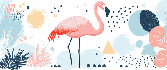 Naklejka premium Pink flamingo in abstract tropical style.