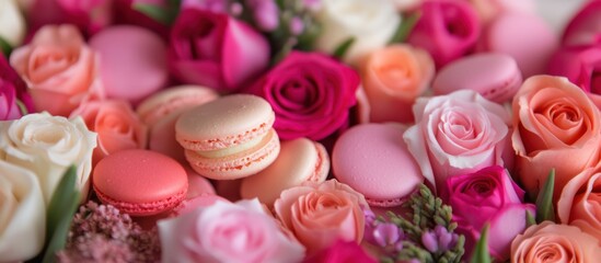 A vibrant arrangement of colorful macarons nestled among assorted roses, creating a delightful and romantic floral display.