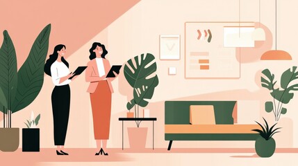 Vibrant Office Space with Two Women in Professional Attire Engaging in Discussion Amidst Lush Green Plants and Modern Decor