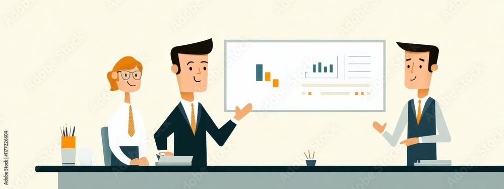 Aufkleber group of business professionals engaged in a collaborative meeting with presentation charts and grap