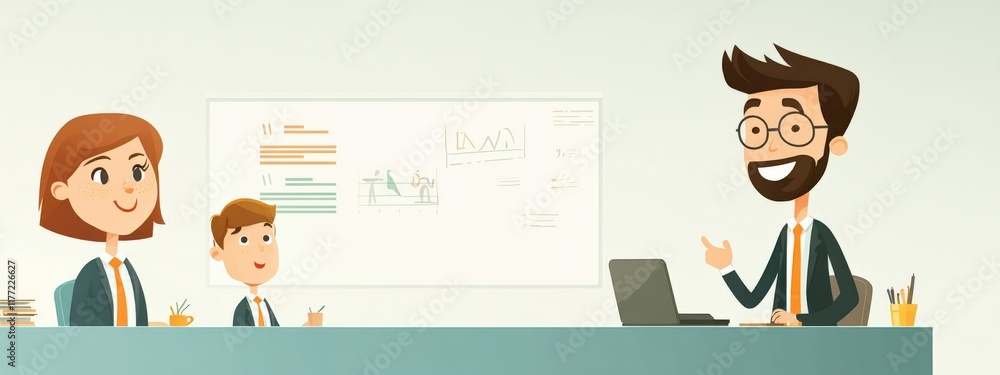 Poster friendly business meeting with professional team discussing strategies and ideas in modern office se