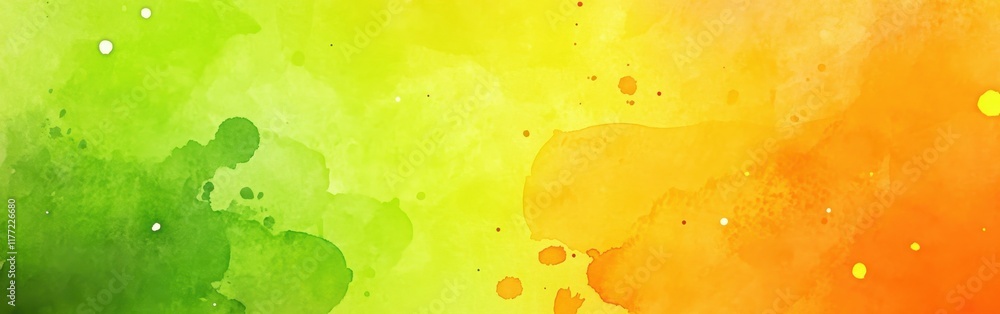 Poster Vibrant watercolor background with a smooth transition from green to yellow and orange hues, creating a warm and inviting visual atmosphere