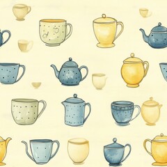 Whimsical doodle watercolor collection of teapots and cups in cheerful colors on a soft background
