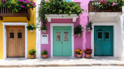 Colorful colonial doors in Cartagena with vibrant flowers and greenery