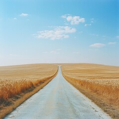 Empty road through golden wheat field under blue sky with clouds