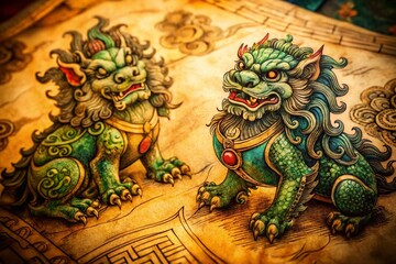 Fototapeta premium Ancient Chinese Foo Dog Drawings: Detailed Ink Sketches of Guardian Lions in Traditional Style
