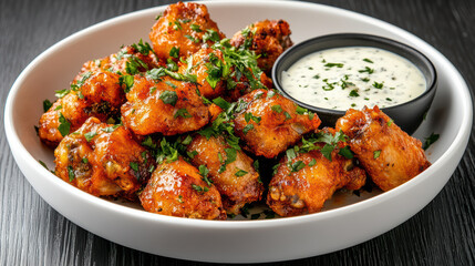 Fototapeta premium Spicy buffalo wings garnished with herbs and served with dipping sauce