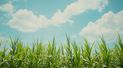 Lush green field of tall grass under a bright blue sky with fluffy white clouds.