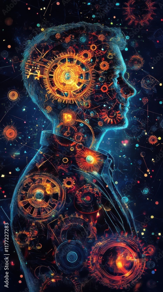Poster vibrant engineer illuminated by gears and light against a dark backdrop during a creative design ses