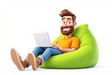 Smiling cartoon-style man sitting on a green bean bag with a laptop, wearing casual clothes, on a white background, concept of freelance work. Ai generative