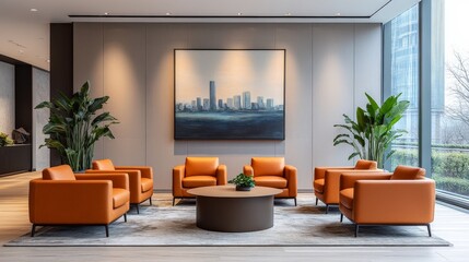 A modern and functional office with a professional meeting room and relaxing decor, showcasing a contemporary and stylish workspace design.