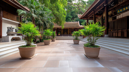 Beautiful courtyard with lush greenery and traditional architecture