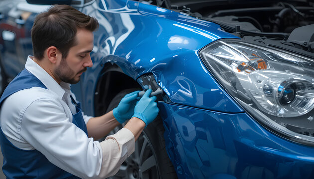 Car repair shop. Car fix banner. Auto body repair specialist fixes dented car fenders for flawless restoration. car service shop
