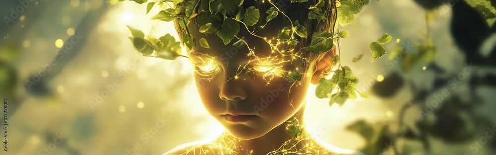 Poster surreal portrait of a glowing child surrounded by nature and light in a magical forest setting