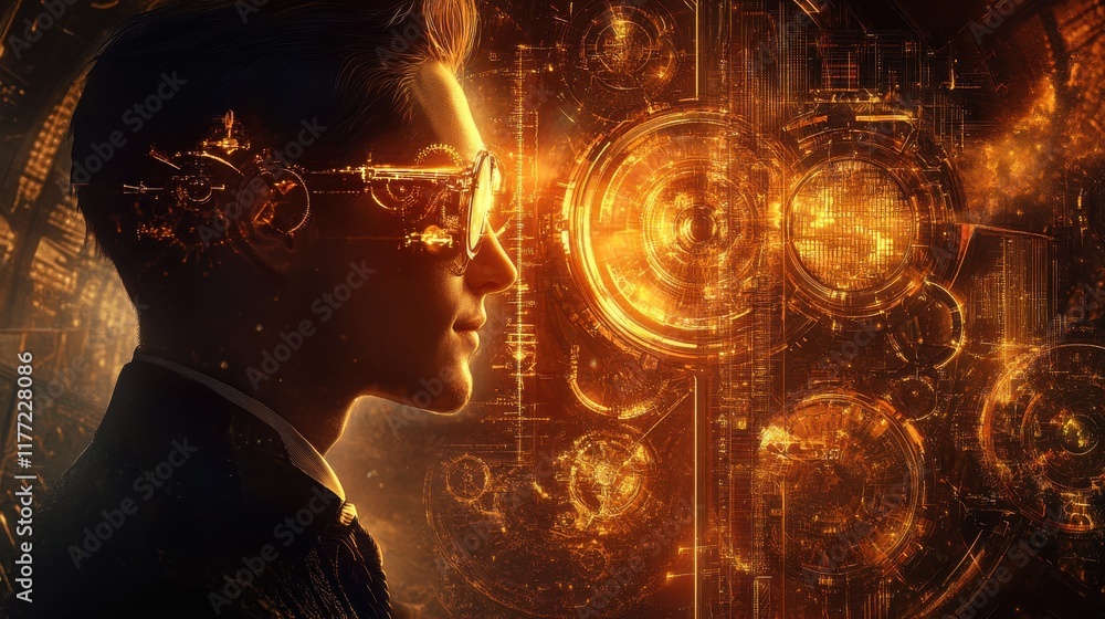 Poster surreal portrayal of a glowing man with intricate patterns in a dark futuristic setting