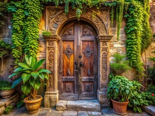 Ancient Intricately Carved Wooden Doorway in a Rustic Old Building - Stock Photo