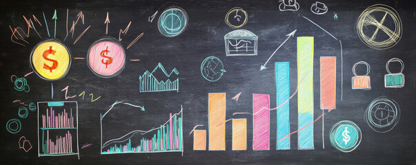 Obraz premium Monthly financial overview with colorful charts, graphs, and dollar signs on chalkboard, illustrating data trends and analysis in creative way