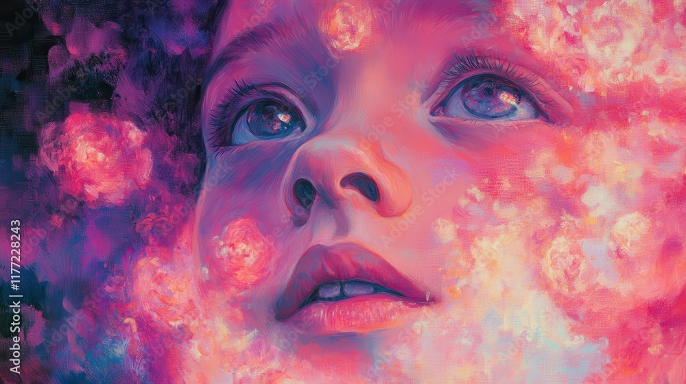 Poster surreal portrait of a child's face filled with colorful cosmic elements and dreamlike textures