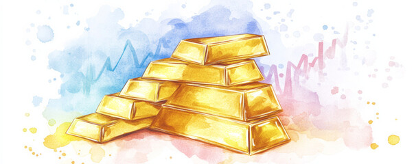 Wealth accumulation theme with stacked gold bars on colorful background. This illustration symbolizes financial growth and prosperity, showcasing allure of gold