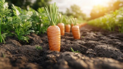 Sunlit carrots growing in farm field, organic produce