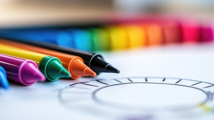 Colorful crayons and black pencil arranged in circle on white paper with partial drawing
