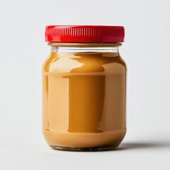 Creamy peanut butter jar on a neutral background showcases smooth texture and vibrant red lid for attractive kitchen display