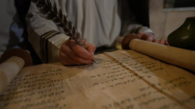Chronicler Writing with Quill on Ancient Parchment, Preserving Lost Sanskrit, Biblical History