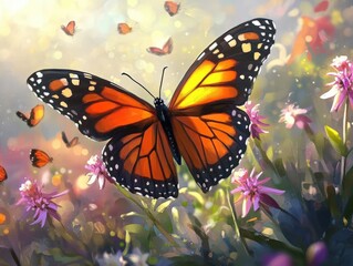 Obraz premium A vibrant close-up of an endangered monarch butterfly, its orange and black wings glowing in sunlight, perched on a blooming milkweed flower in a serene meadow