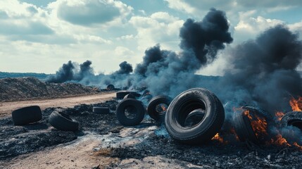 A landscape of burning tires emitting thick black smoke into the sky.