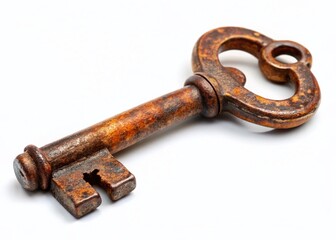 Obraz premium Ancient Rusty Iron Key, Mysterious Vintage Key, Old Key Isolated on White Background, Historical Artifact, Past History Concept