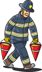 Firefighter or fireman with buckets of sand
