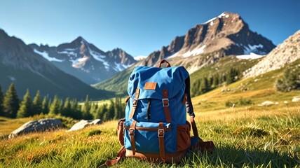 A bright blue backpack sits on vibrant green grass, with majestic mountains in the background. It captures the spirit of adventure and outdoor exploration