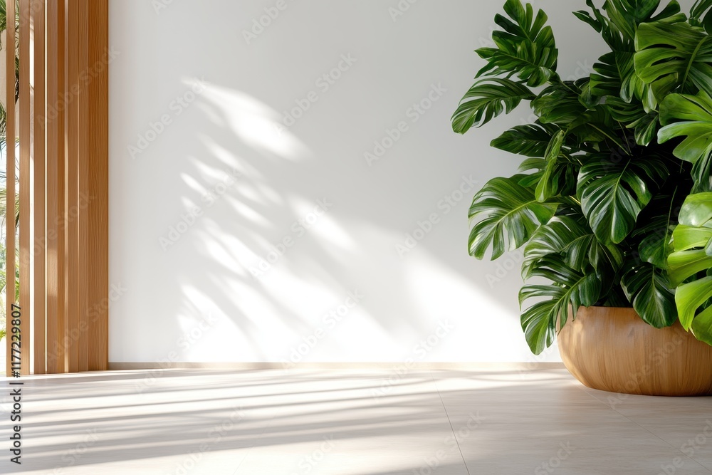 Poster a spacious interior featuring vibrant greenery, where the natural light and design elements intertwi