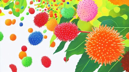 A Whimsical World of Colorful Spiky Balls and Lush Leaves
