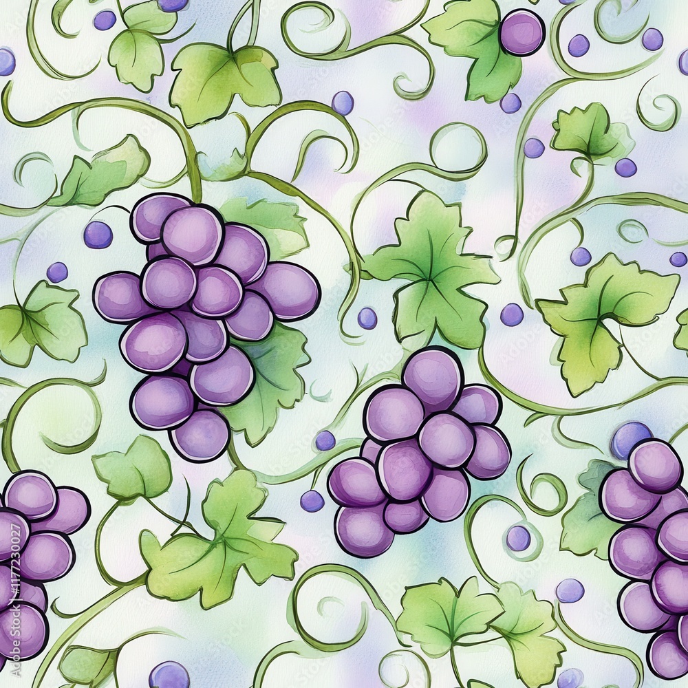 Aufkleber playful watercolor doodle featuring grape clusters and vines in a whimsical pattern
