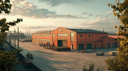 Obraz premium A large industrial warehouse with a loading area, surrounded by machinery and a cloudy sky.