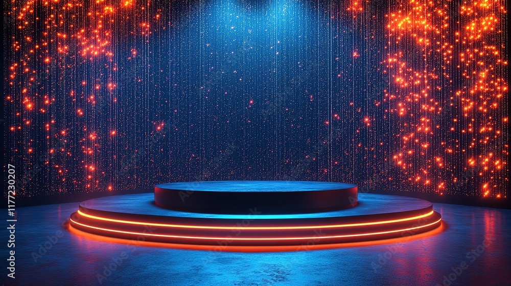 Poster a futuristic 3d podium with a glowing circular design serves as a high-tech stage for a product disp