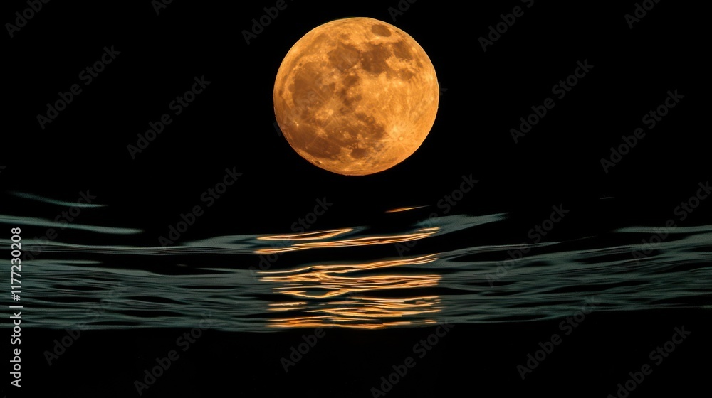 Poster a large orange moon reflects on dark water, creating a serene and tranquil atmosphere.