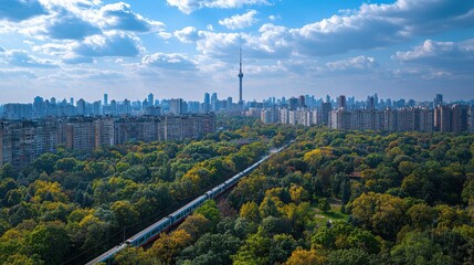 Fototapeta premium Train crossing a cityscape urban landscape aerial view scenic environment dynamic transportation