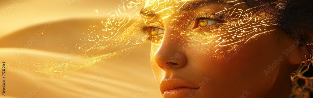 Aufkleber mystical visualization of a woman's face illuminated by golden scripts in a desert landscape at suns