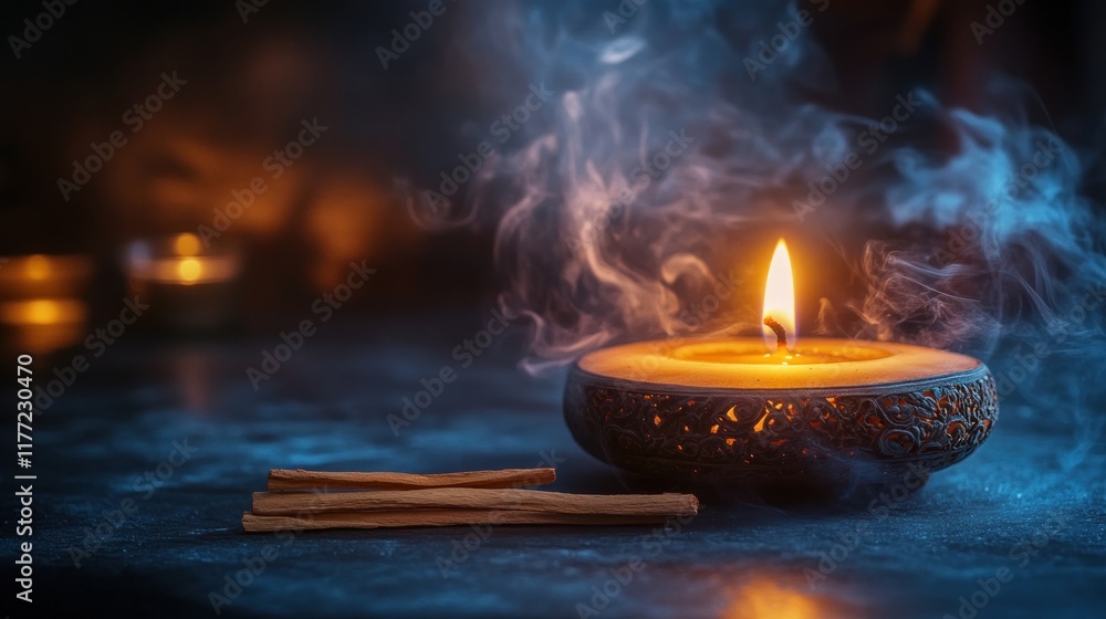 Poster a lit candle surrounded by incense sticks, creating a serene atmosphere with soft smoke.