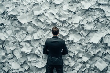 Businessman Contemplating Overwhelming Piles of Crumpled Paper in Professional Environment
