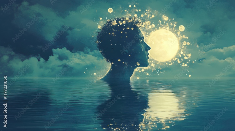 Poster profile of a mystical man filled with celestial patterns against a tranquil water backdrop at twilig