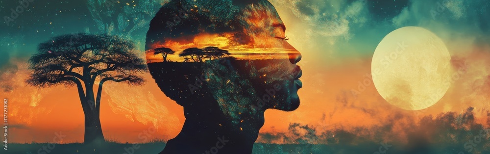 Poster mystical profile of a man blending with a vibrant sunset and silhouette of a tree in a serene landsc
